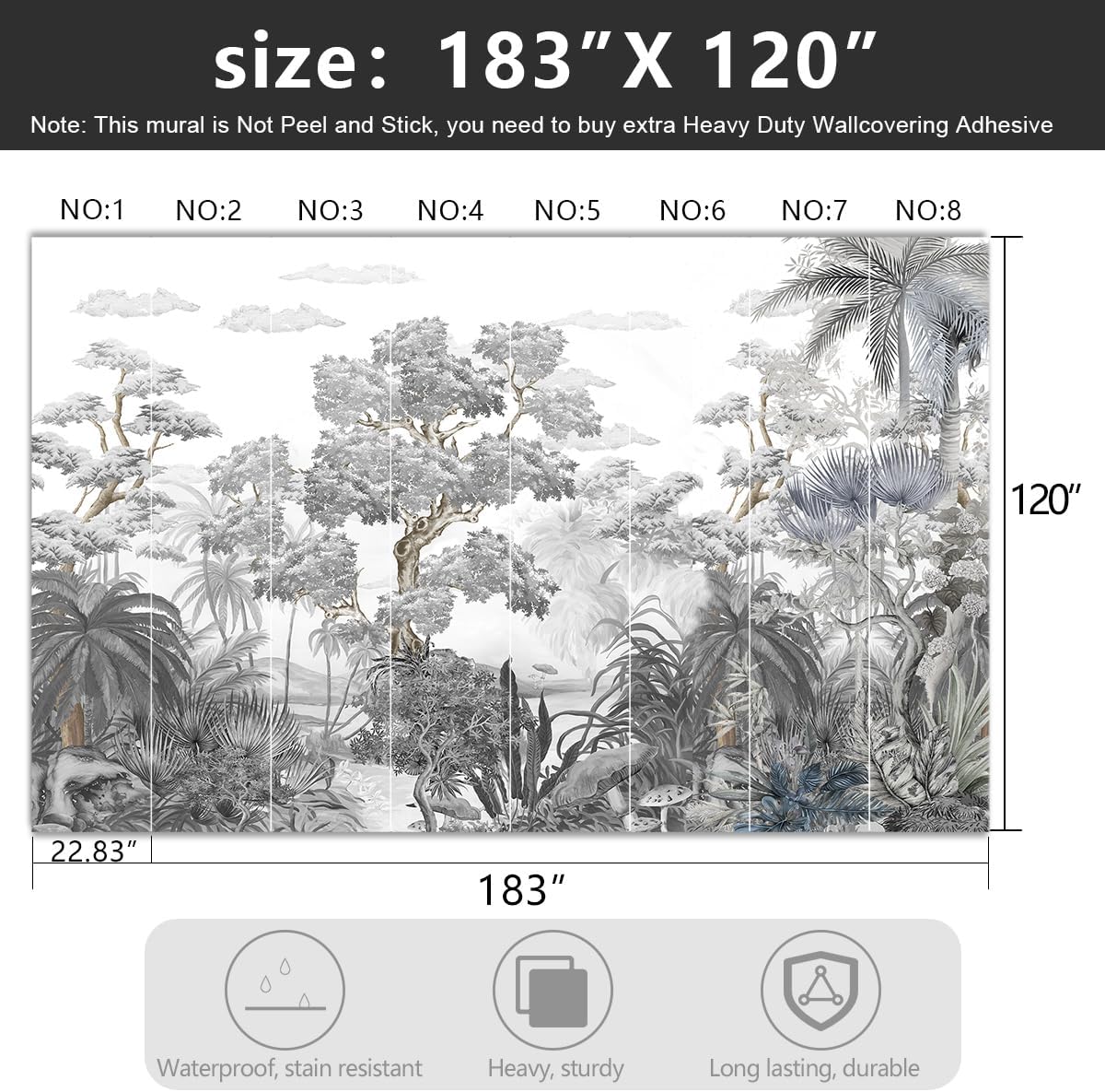 -Tropical Rainforest Botanical Grey Jungle Forest Fabric Wallpaper Living Room Palm Leaf Plant Bedroom Bathroom Large Wall Mural- 183"x120"（ not Peel and Stick）