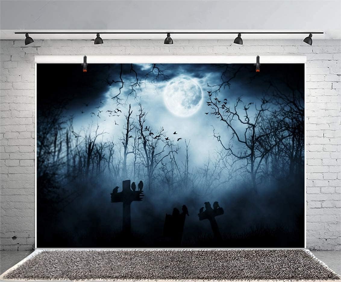 AOFOTO 12x8ft Moon Night Halloween Cemetery Photography Backdrop Flying Bats Birds Stand on Gravestone Cross Graveyard in Dark Forest Photo Background Cloth Vinyl Wallpaper Photo Studio Props