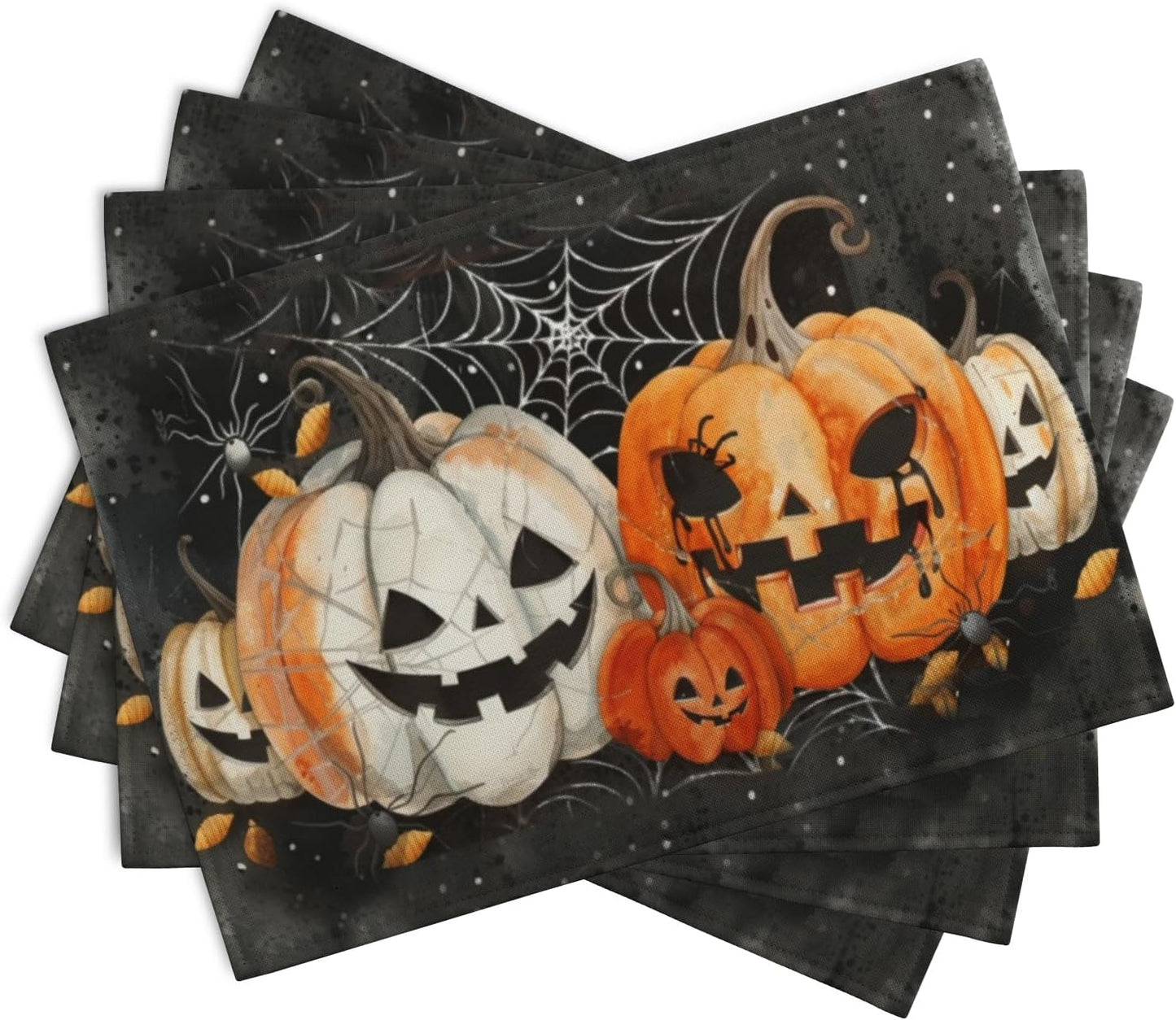 Halloween Pumpkins Spider Web Placemats Set of 4 Black Gray Scary Pumpkin Fall Linen Table Place Mat 12x18 Inch Seasonal Heat Resistant Table Mats for Party Kitchen Dining Decoration