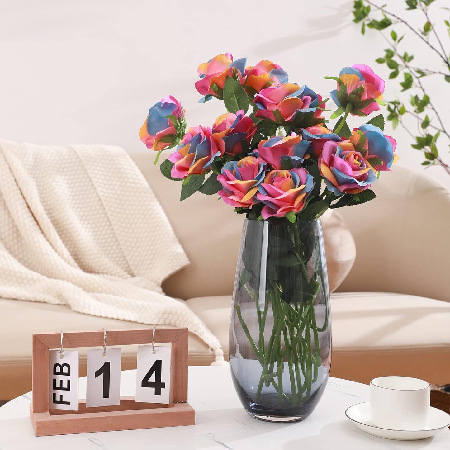 Rainbow Fake Roses Artificial Flowers - 10 Pcs Fake Artificial Roses Silk Flowers with Stems for Home Wedding Hotel Office Centerpiece Decor（Rainbow）