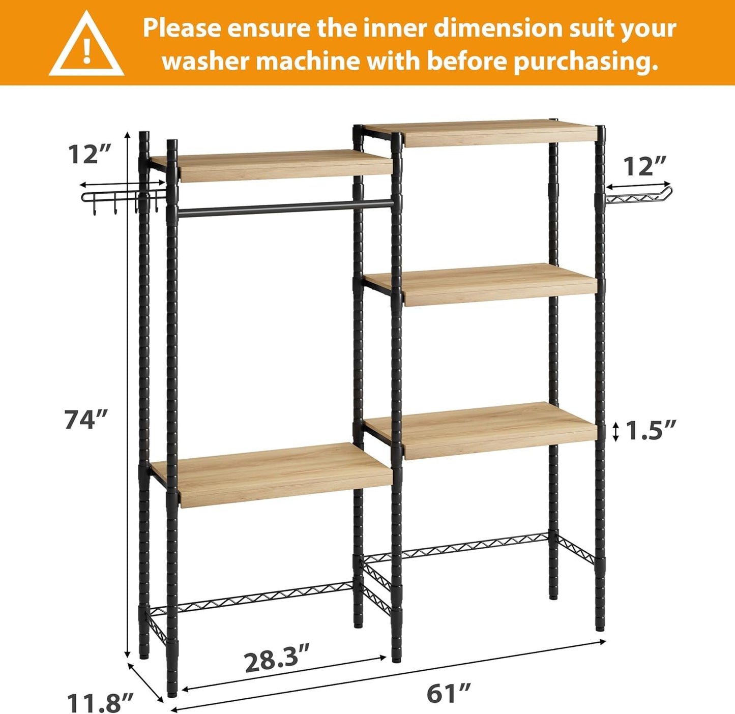 5-Tier Over-The-Washer Shelf - Adjustable 28" Laundry Organizer with 100lb Double Wood Shelves, Space-Saving Storage Unit for Small Homes (Natural & Black)