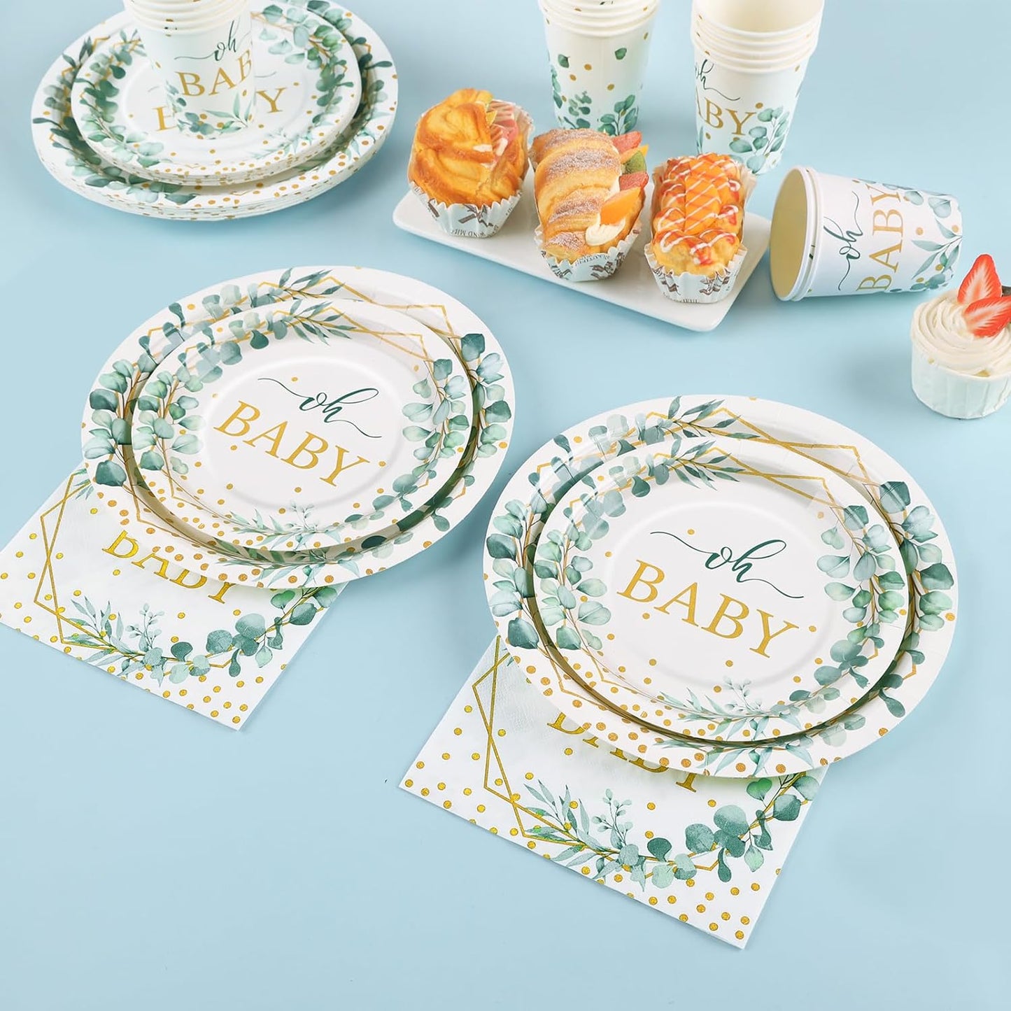 168 PCS Sage Green Baby Shower Decorations Neutral, Baby Shower Plates and Cups and Napkins Sets Serves 24, Oh Baby Plates for Boy, Gender Reveal, Green and Gold Plant Eucalyptus Boho