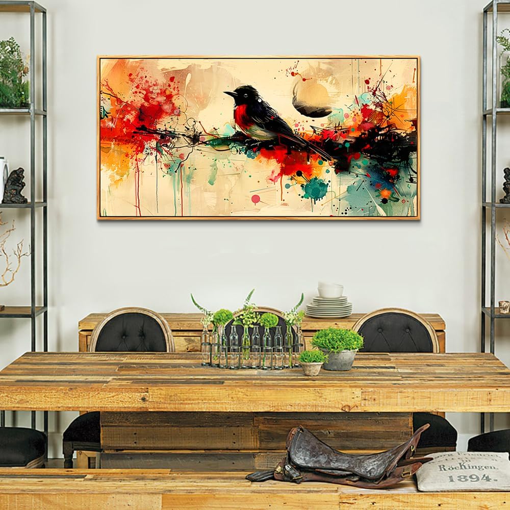 hyidecorart Wood Framed Wall Art For Living Room Wall Decor For Bedroom Office Home Wall Decor Pictures Posters Artwork Abstract Watercolor Bird Painting Hotel Canvas Art Modern Room Decoration