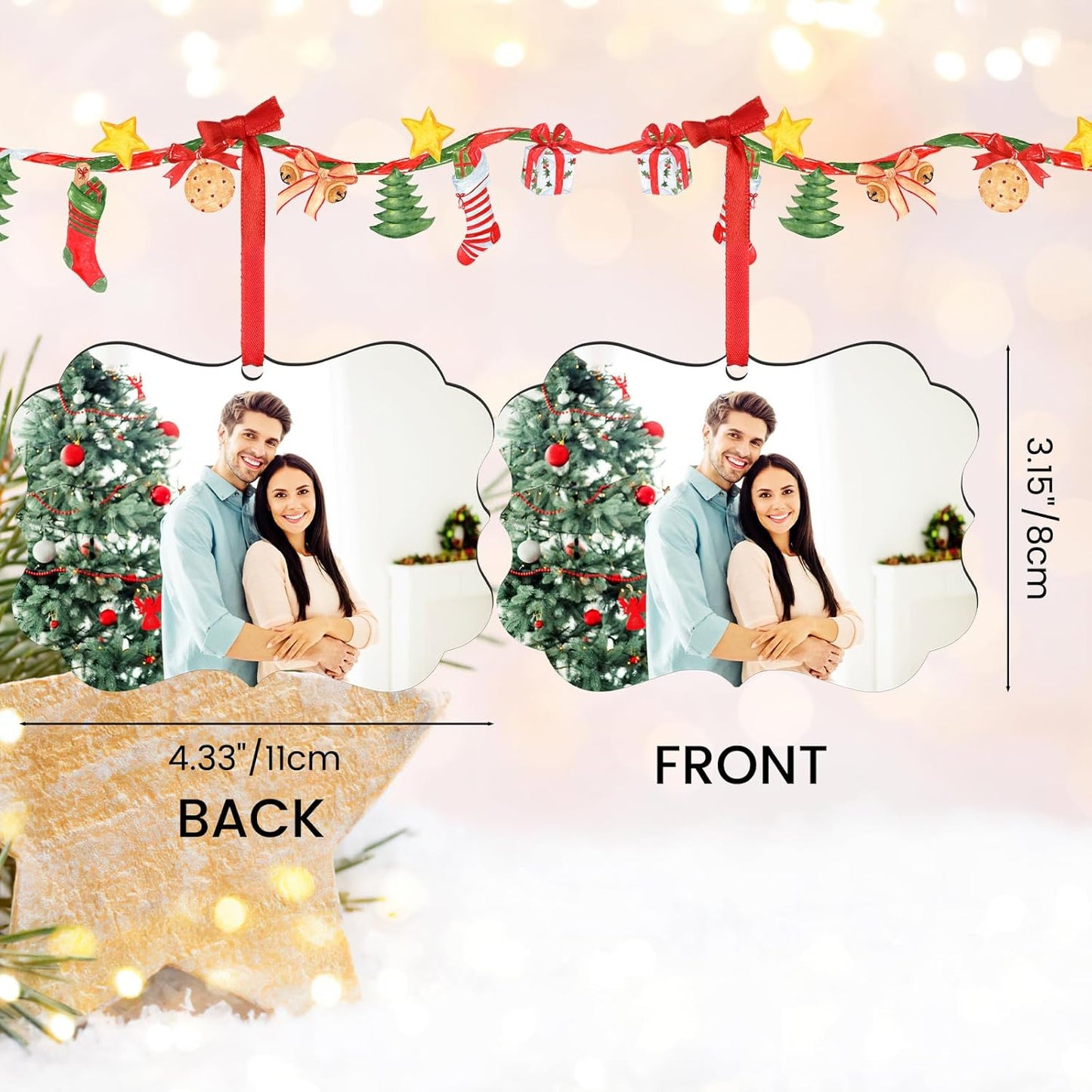 2 Pack Personalized Christmas Ornaments 2025 Wood Custom Photo Text Hanging Ornament for Christmas Tree Decorations, First Christmas Engaged/Married, New Home, Baby's First Christmas, Memorial