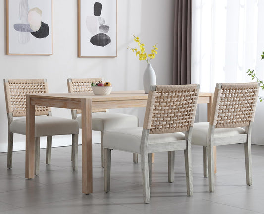 Kmax Farmhouse Dining Chairs Set of 4, Rustic Kitchen Chairs with Linen Fabric Seat and Woven Back, Vintage Accent Chairs for Dining Room, Living Room, Ivory