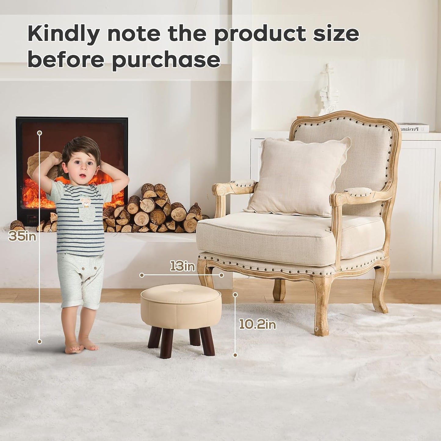 13in Small Foot Stool Ottoman, Round Faux Leather Foot Rest for Couch, Under Desk Pouf Footstool Footrest with Non-Skid Rubber Legs for Ling Room, Bedroom, 13''L x 13''W x 10.2''H, Beige