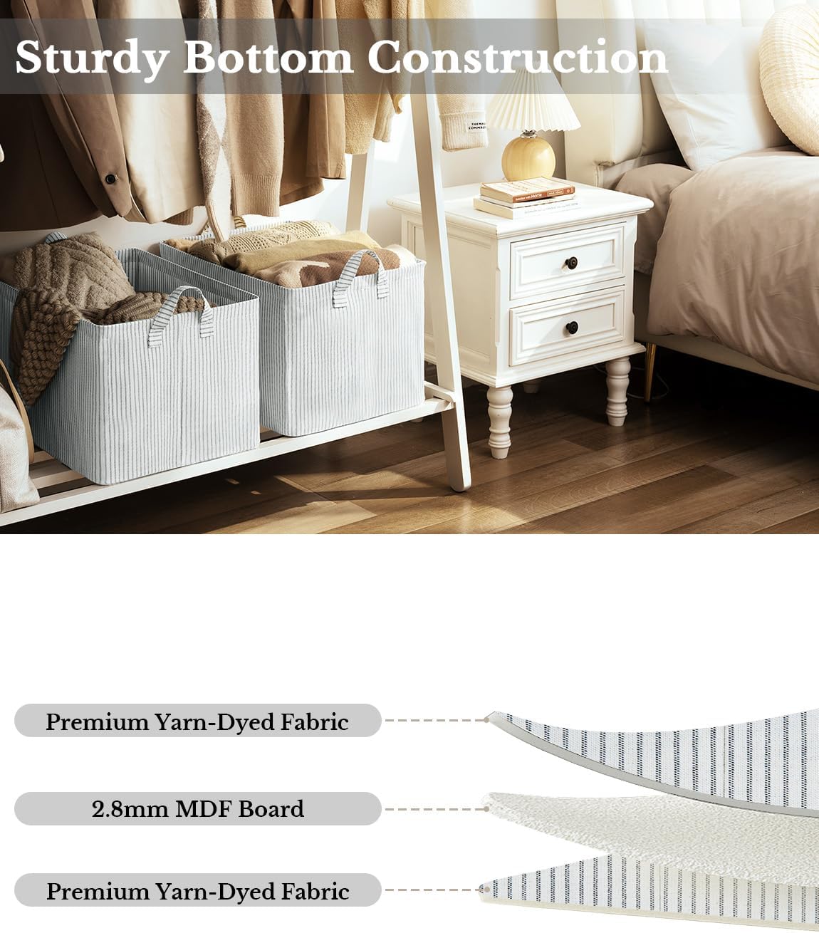 StorageWorks Storage Bins, Fabric Storage Bins for Shelves, Extra Large Storage Baskets with Metal Frame, Closet Baskets and Bins with Handles, Jumbo, Gray and White Stripes, 2-Pack