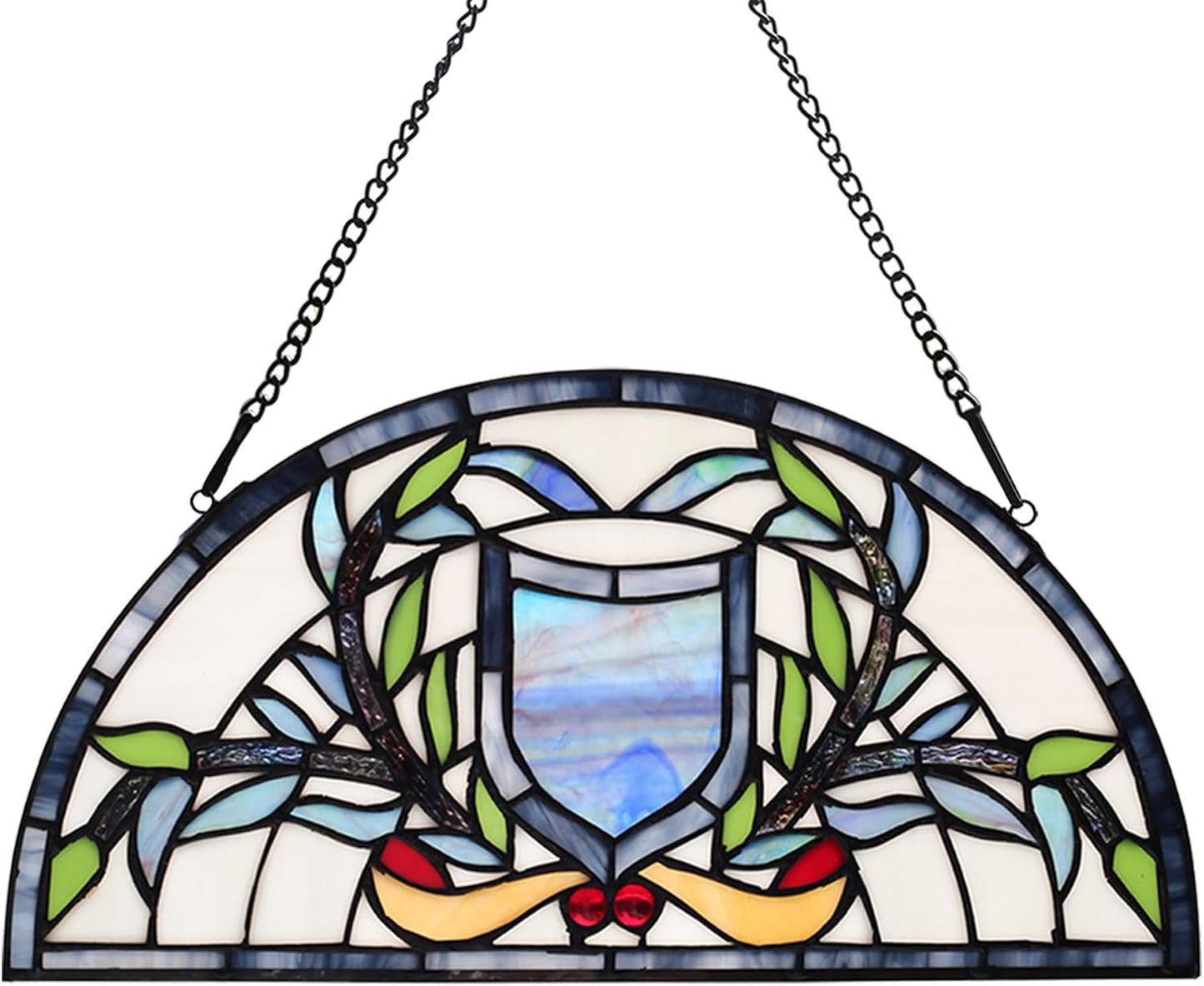 YOURANJU Half Moon Stained Glass Window Hanging Tiffany Style 16" x 8" Half-Round Window Panel Housewarming Gift Living Room Bedroom Kitchen Window Decorative Hangings with Chain (Rattan)