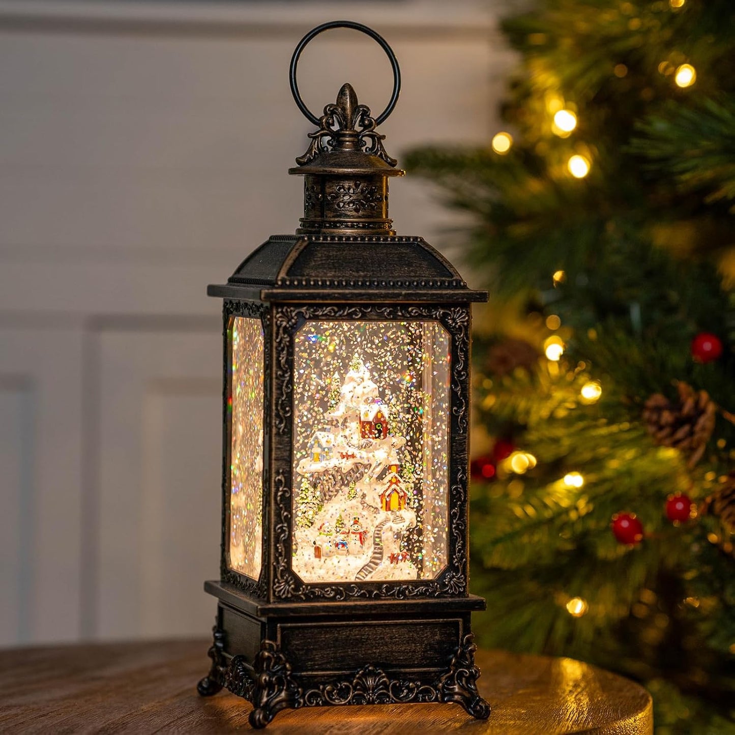 Christmas Village Buildings Snow Globe Lantern Water Glittering Snowman Family with Music & Timer, USB Lined/Battery Operated Lighted Lantern for Christmas Festival Decoration Gifts