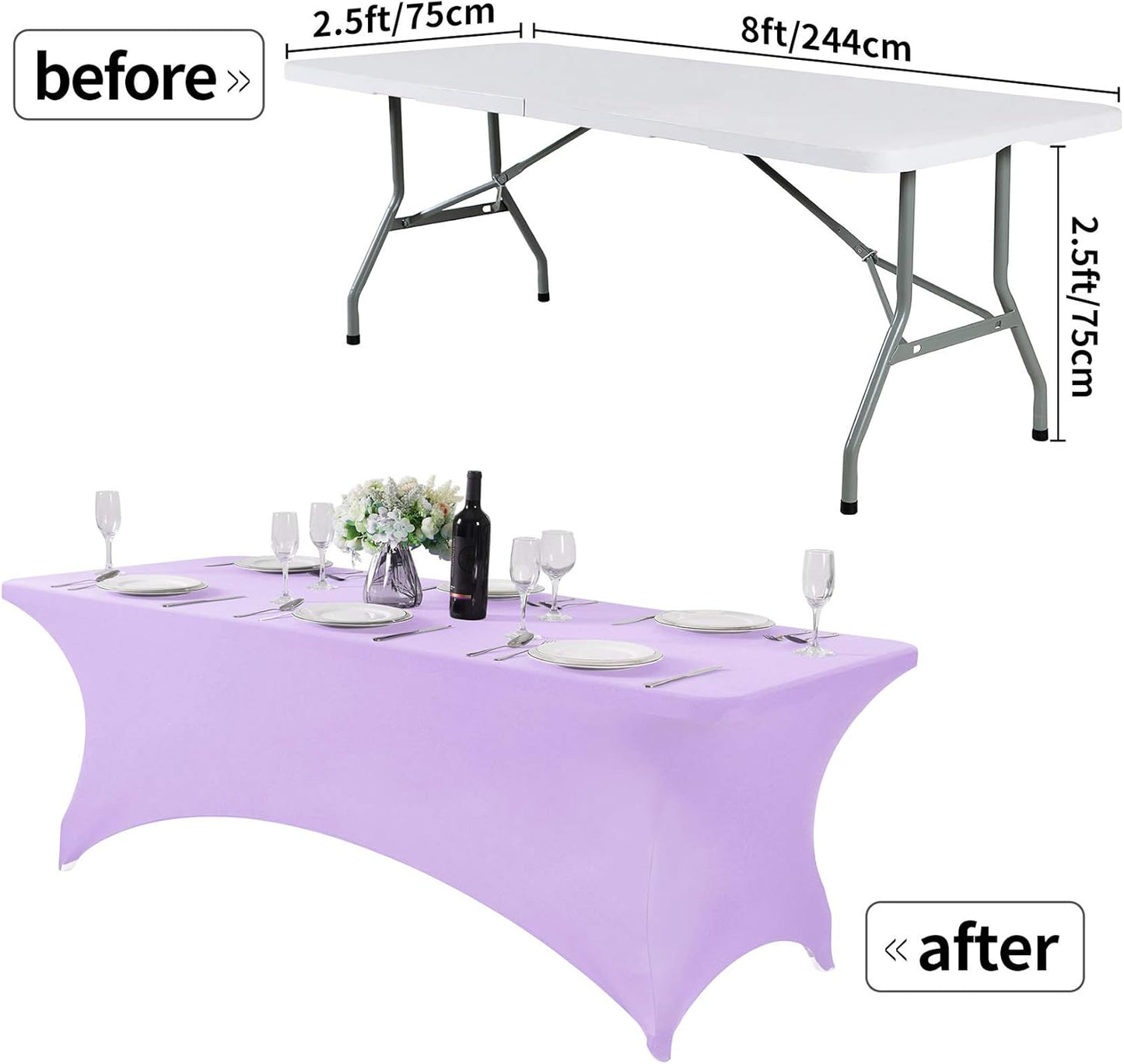 2Pack Spandex Table Cover for 8FT or 4ft or 6ft Table Universal Fitted Stretch Tablecloth for Party, Banquet, Wedding and Events-Lavender