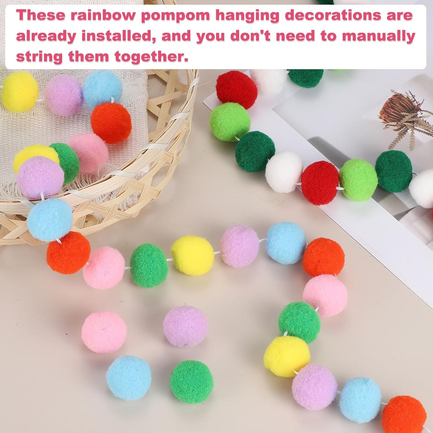 PATIKIL 26Ft Pom Pom Garland Decorations, 4Pcs Colorful Felt Ball Garland Banner Cute Rainbow Pompom Hanging Decorations for Tree Ornaments Homes Decor, White/Blue Series