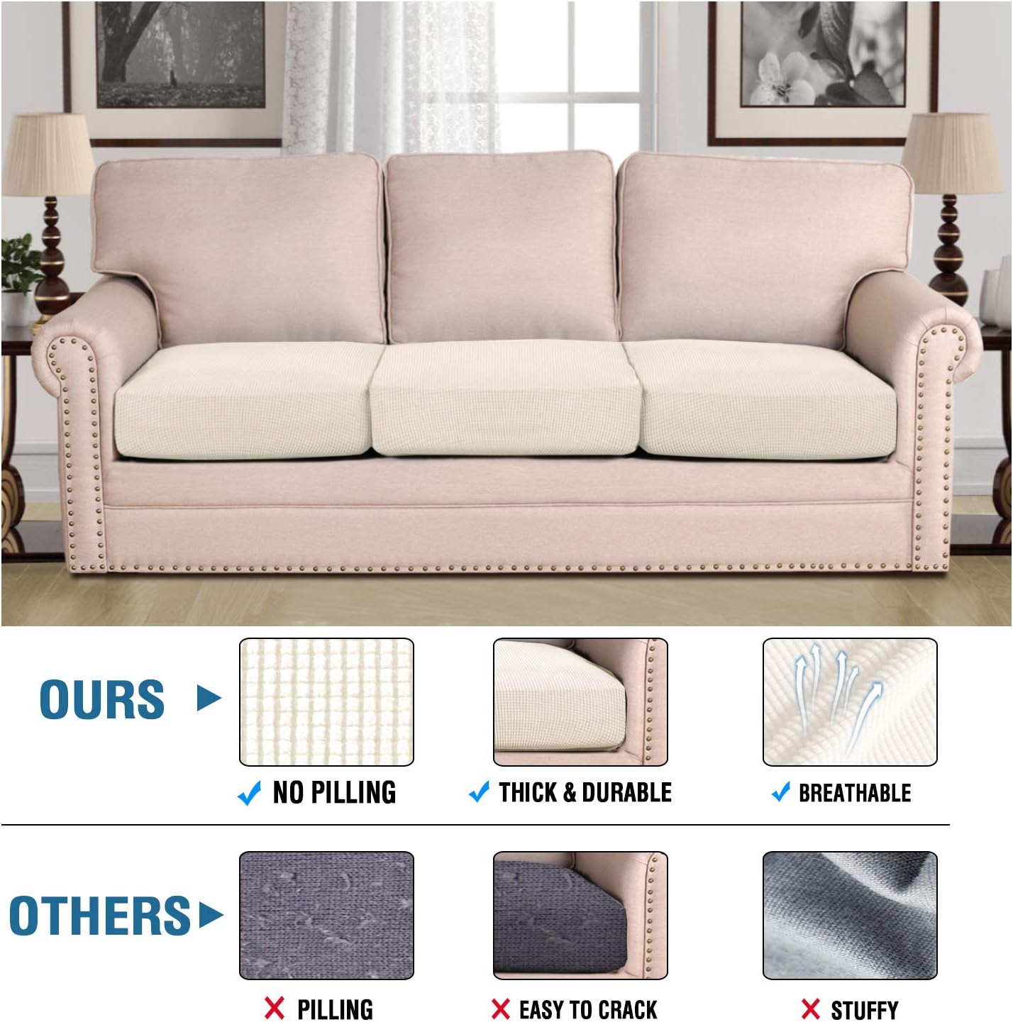 H.VERSAILTEX Super Stretch Individual Seat Sofa Covers Couch Slipcover Sets Thick Jacquard Textured Twill Fabric (3 Piece XL Sofa Cushion Covers, Natural)