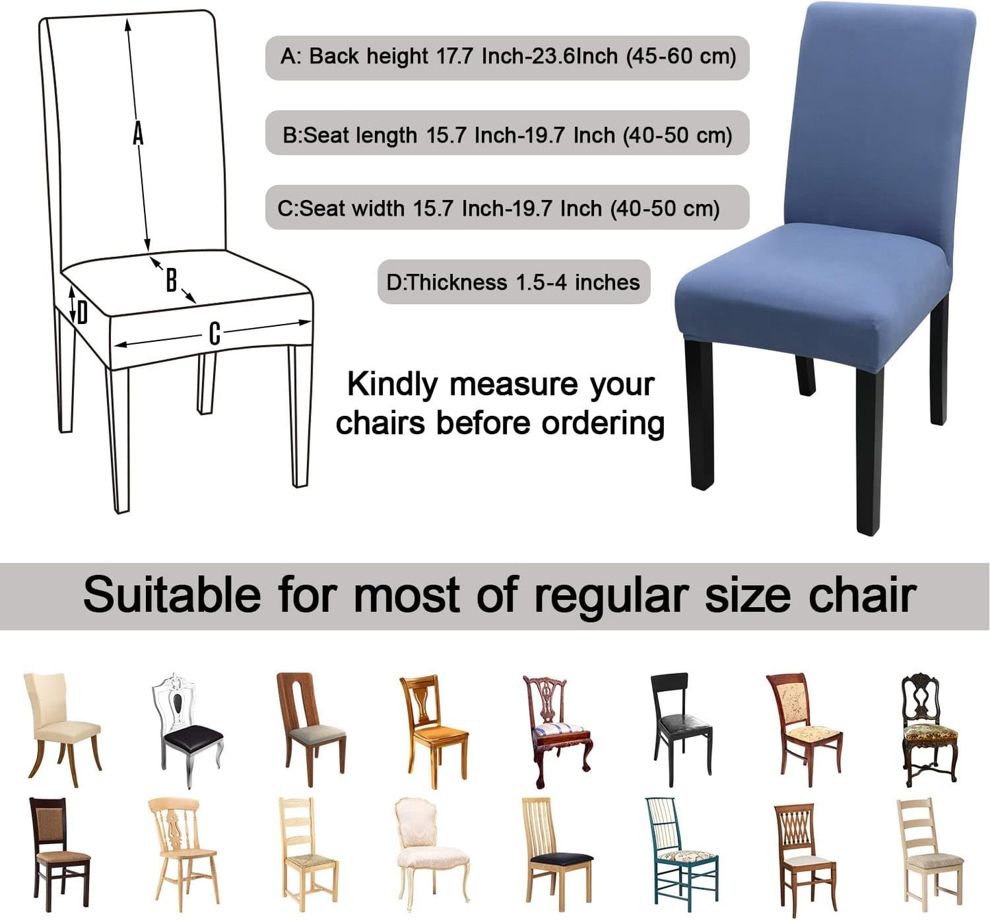 JQinHome Dining Room Chair Covers Set of 8, High Stretch Chair Slipcover Removable Washable Chair Seat Protector Cover for Home Party Hotel Wedding Ceremony (Gray Blue)