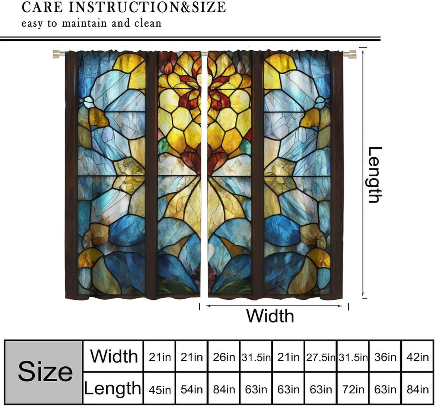 Stained Glass Curtains,Retro Abstract Colorful Art Home Decor Drapes for Bedroom Living Room Kitchen Window Treatment 2 Panels Set Total Size 42" W X 45" L Inch