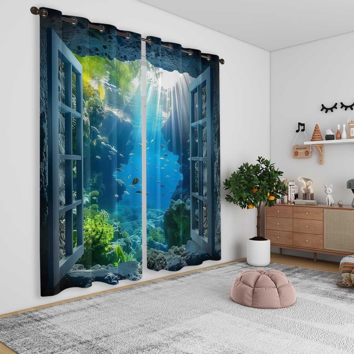 Ocean Fishs Blackout Curtains for Girls Boys Home Decor, Underwater Tropical Fish Undersea Coral Grommet Thermal Insulated Drapes Darkening Window Curtain for Bedroom Living Room, 55 x 63 Inch