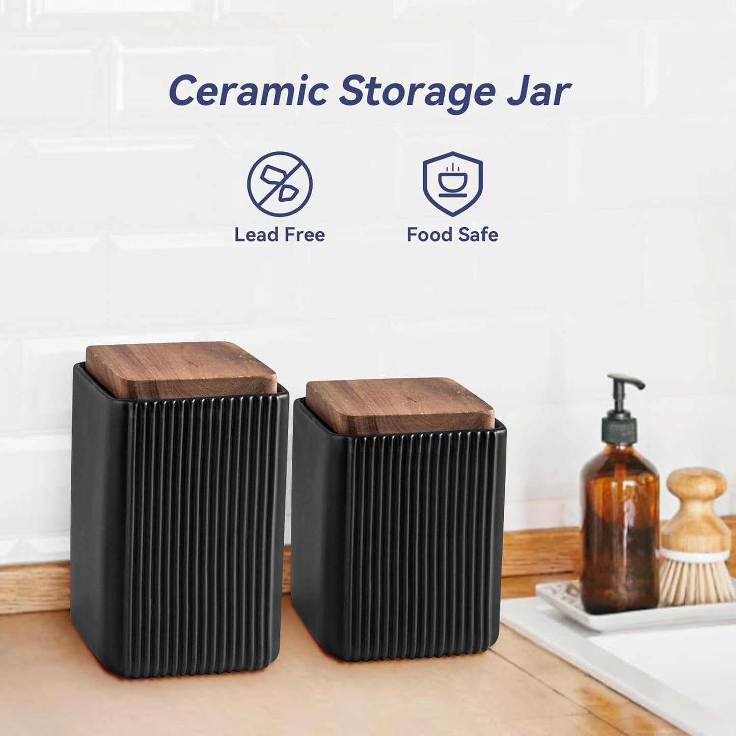 Ceramic Storage Jars Modern Elegant Polished Airtight Gorgeous Storage Canisters with Wooden Lid Small Food Stroage Jar for Kitchen Spice Tea Vanilla Sugar Coffee Beans (Black,Small size,13cm*10cm)