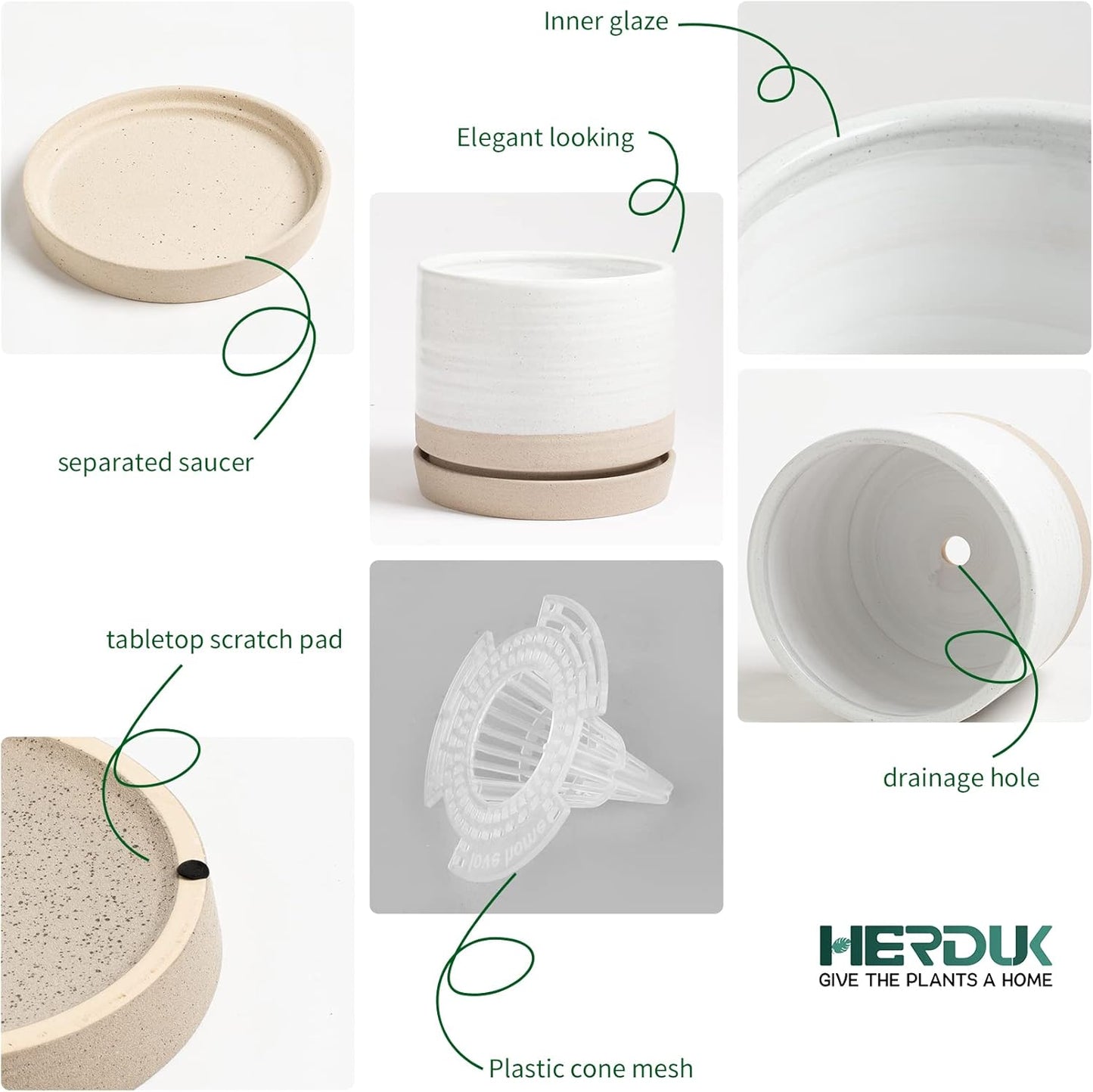 6 Inch Plant Pots, Ceramic Planter Pot with Drainage Hole & Saucer, Indoor/Outdoor Cylinder Round Planter Pot, White & Beige Glaze