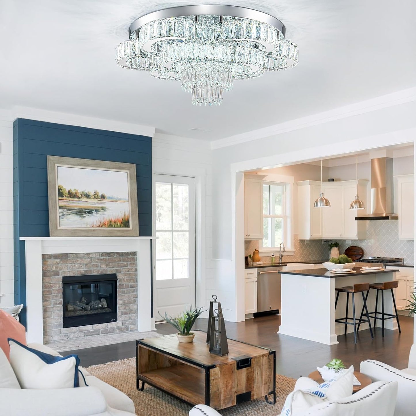 21 Inch Crystal Chandelier LED Flush Mount Ceiling Light Fixtures Luxury Chandeliers for Living Room Bathroom Bedroom Entrance Dining Room(Cool White)