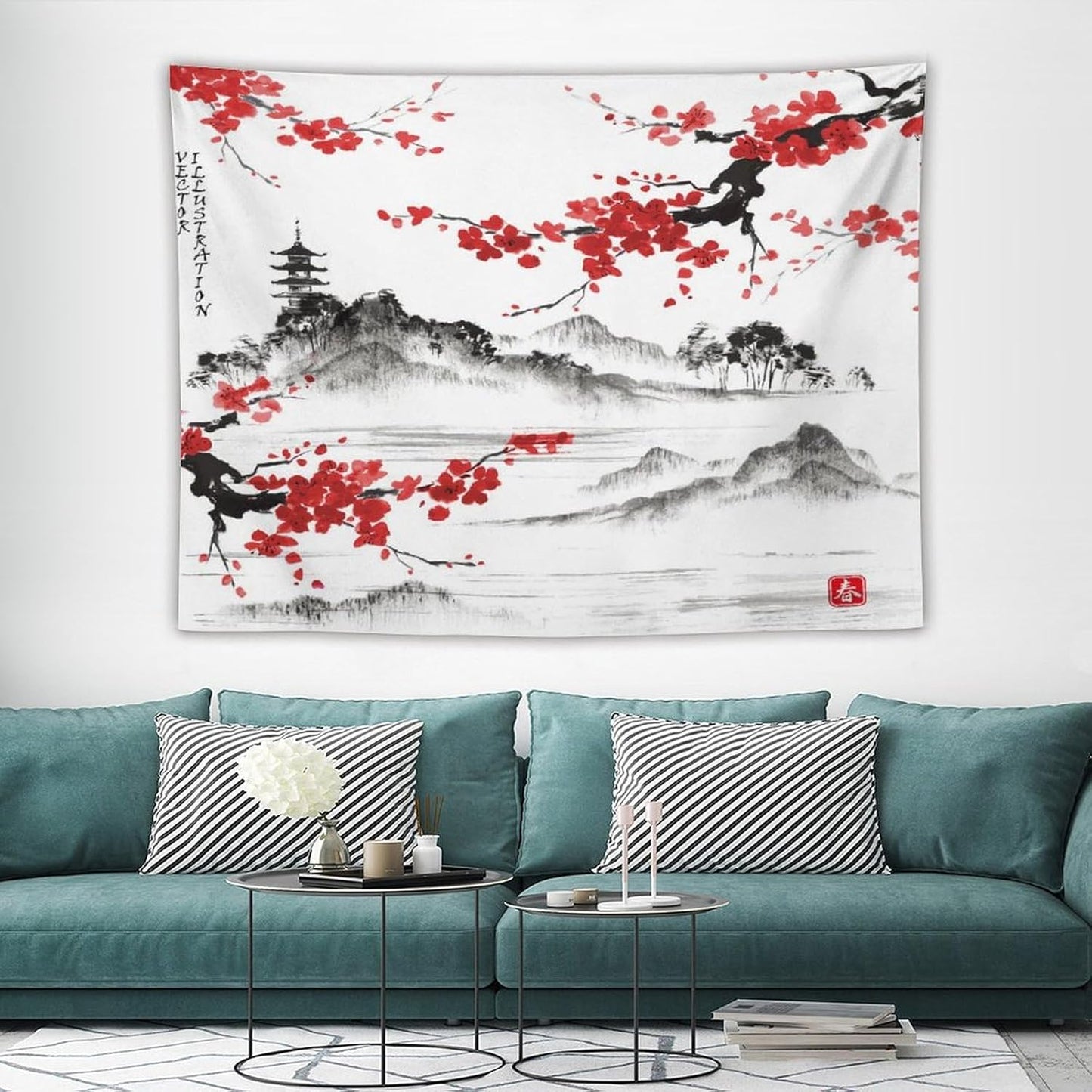 Cherry Blossoms Tapestry, Japanese Fuji Mountain Tapestry, Asian Japanese Wall Tapestry, Nature Landscape Tapestries for Bedroom Living Room Decor 80"x60"