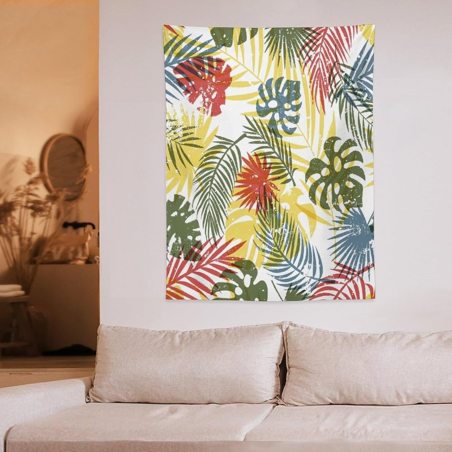 ICMOLYYENLO Boho Green Leaves Tapestry, Mid Century Abstract Tropical Palm Leaves Modern Minimalist Geometric Wall Hanging, Neutral Home Decor Art for Living Room Bedroom Dorm 60x60 Inch