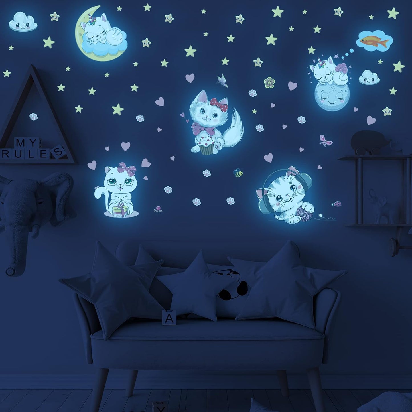Glow in The Dark Stars for Girl's Room, Glowing Cats Cartoon Wall/Ceiling Decals, Kitten Butterflies Stickers for Kids Bedroom, Luminous Wall Decor for Nursery (Blue)