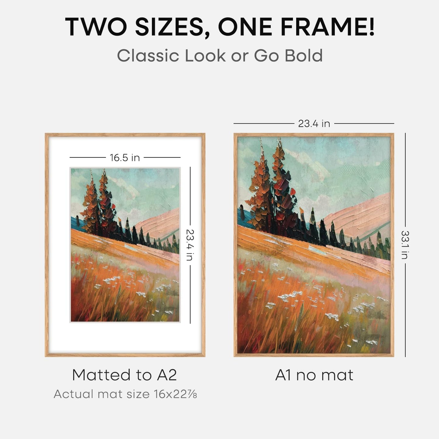 Homeforia A1 Poster Frame Natural Wood, High End Oak 23.4 x 33.1 Large Wooden Picture Frames Matted to 16.5 by 23.4 for Photo, A1 Size Light Wood Frames with Mat A2, Tempered Glass, Wall Kit, Set of 1