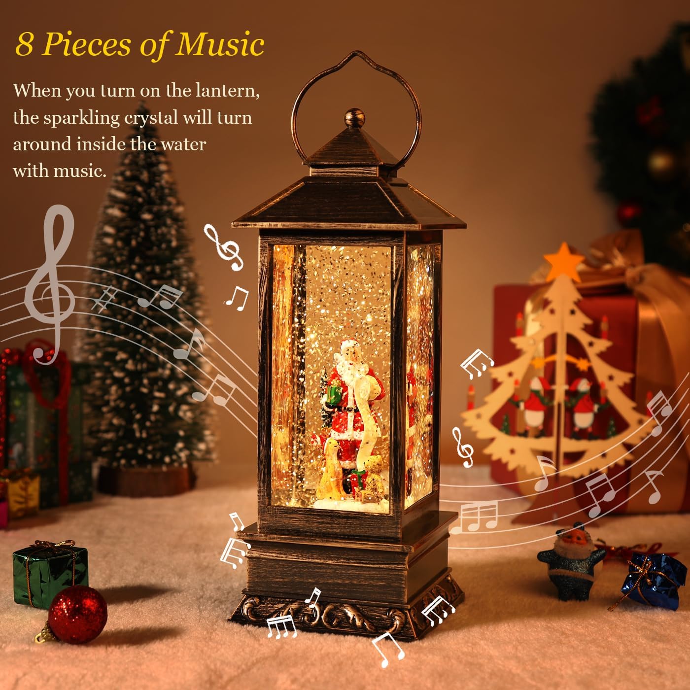 House & Garden Decoration,Christmas Lantern with 8 Pieces of Music,Sparkling Crystal Keep Circling Around The Snowman Families Music Box as a (Santa Claus)