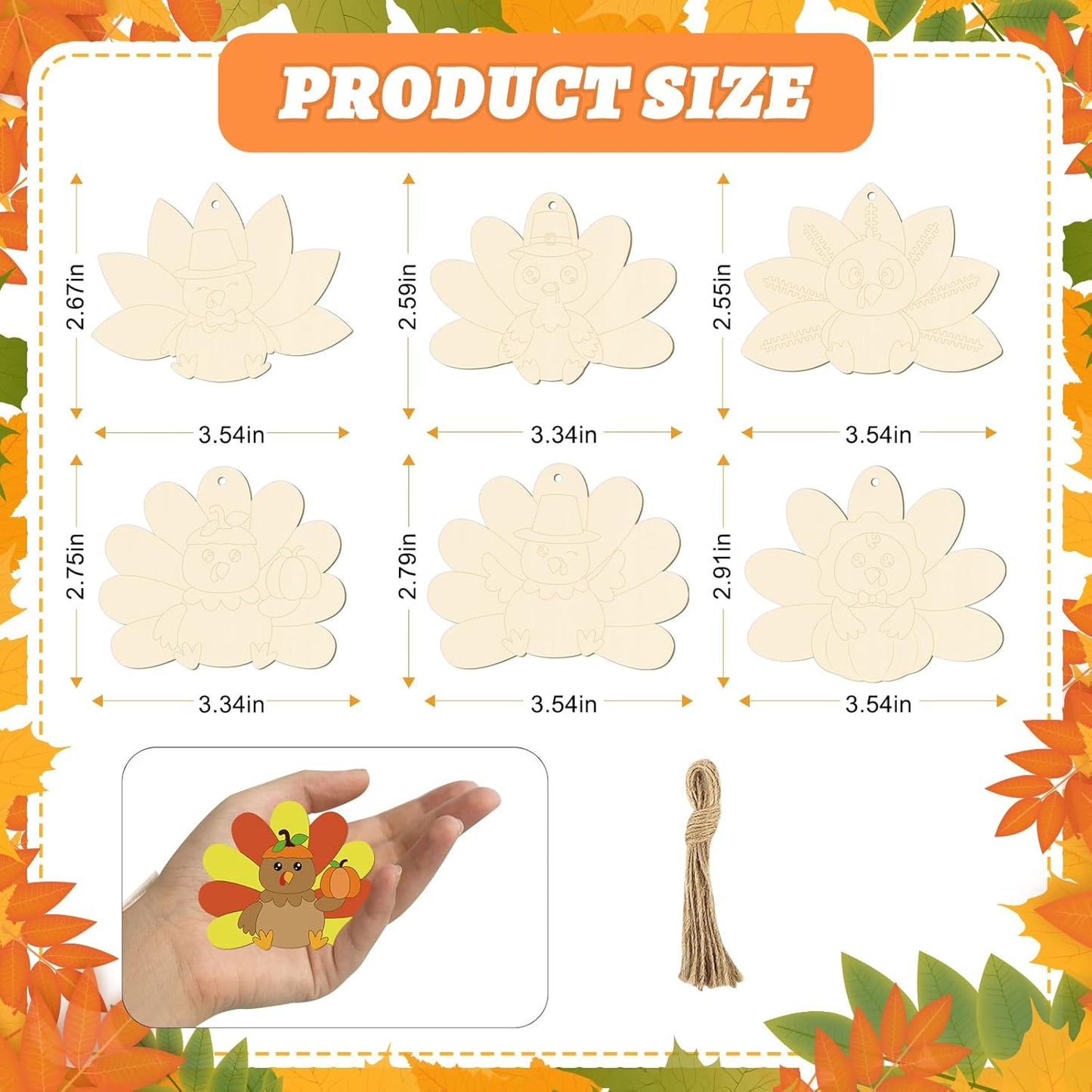 24 PCS Unfinished Wooden Thanksgiving Crafts, Turkey Shaped Hanging Ornaments DIY Wood Craft Cutouts for Thanksgiving Party Decor (Turkey)