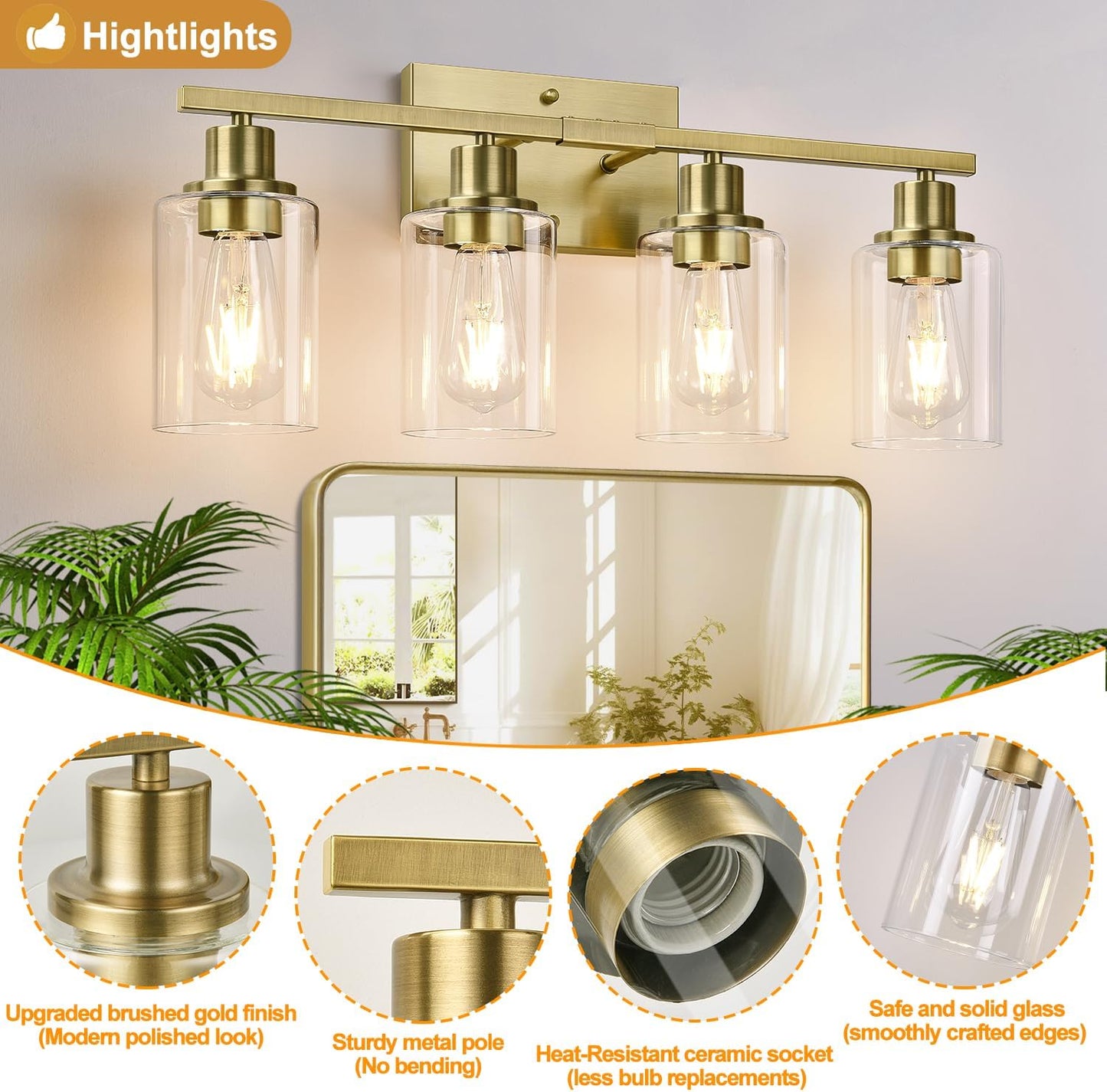 4 Light Bathroom Light Fixtures, Brass Vanity Lights for Bathroom with Clear Glass Shades, Modern Bathroom Wall Sconces for Mirror Living Room Cabinet