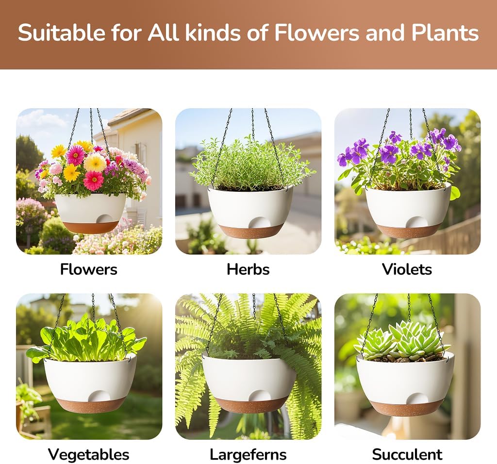 12 Inch Hanging Baskets for Plants Outdoor, Hanging Planters for Indoor Outdoor Plants, Hanging Planter with Self Watering, Hanging Flower Pots (White)