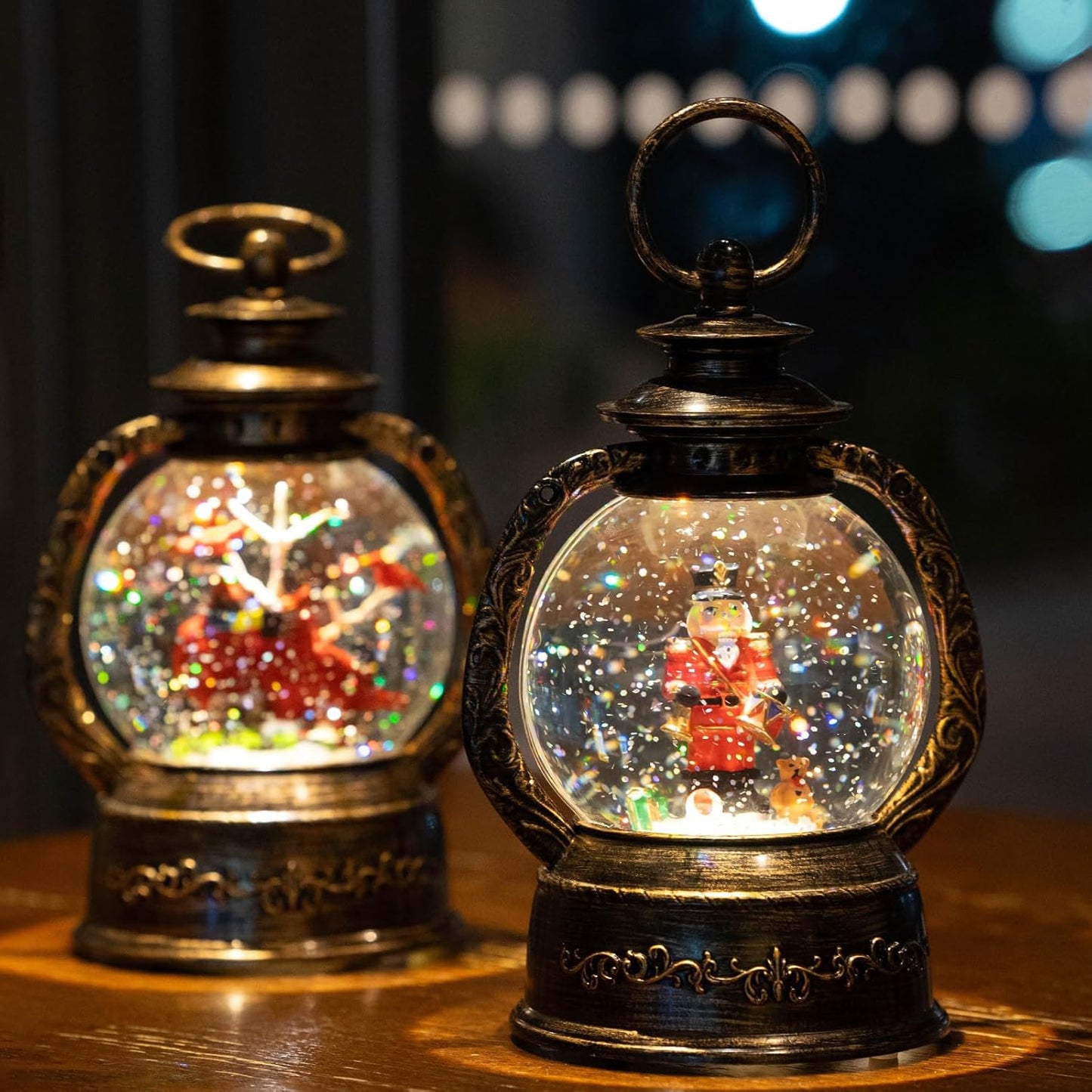 Christmas Snow Globe Lantern Water Glittering Nutcracker with Music & Timer, USB Lined/Battery Operated Lighted Lantern for Christmas Festival Decoration Gifts