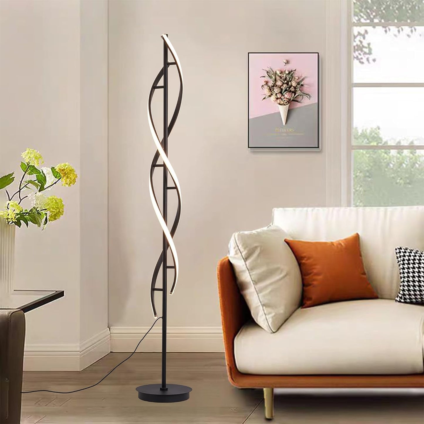 Unique Spiral Floor Lamp 3 Color Dimmable with Remote Standing Floor Lamp, Modern Creative Tall Lamp Control for Living Room Bedroom and Office Black