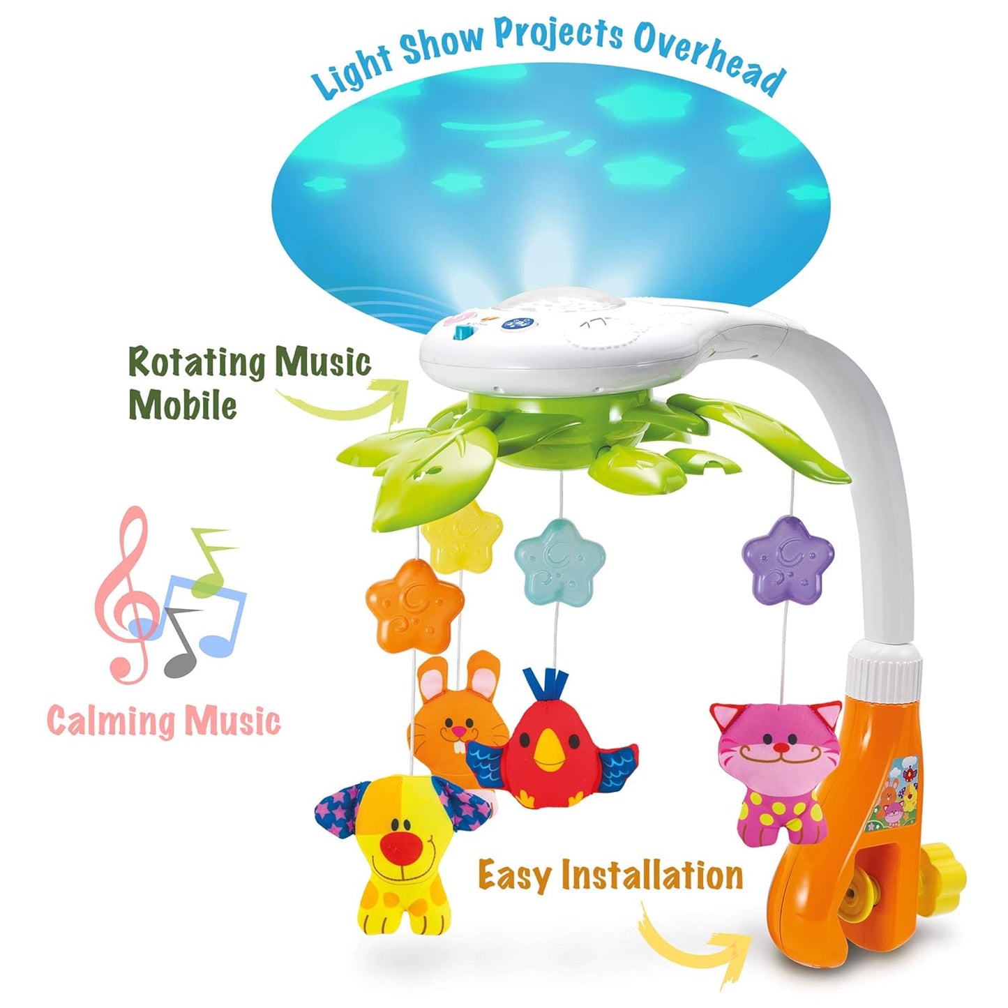KiddoLab Baby Crib Mobile with Relaxing Music. Includes Ceiling Light Projector with Stars, Animals. Musical Crib Mobile with Timer. Nursery Toys for Babies Ages 0 & Older