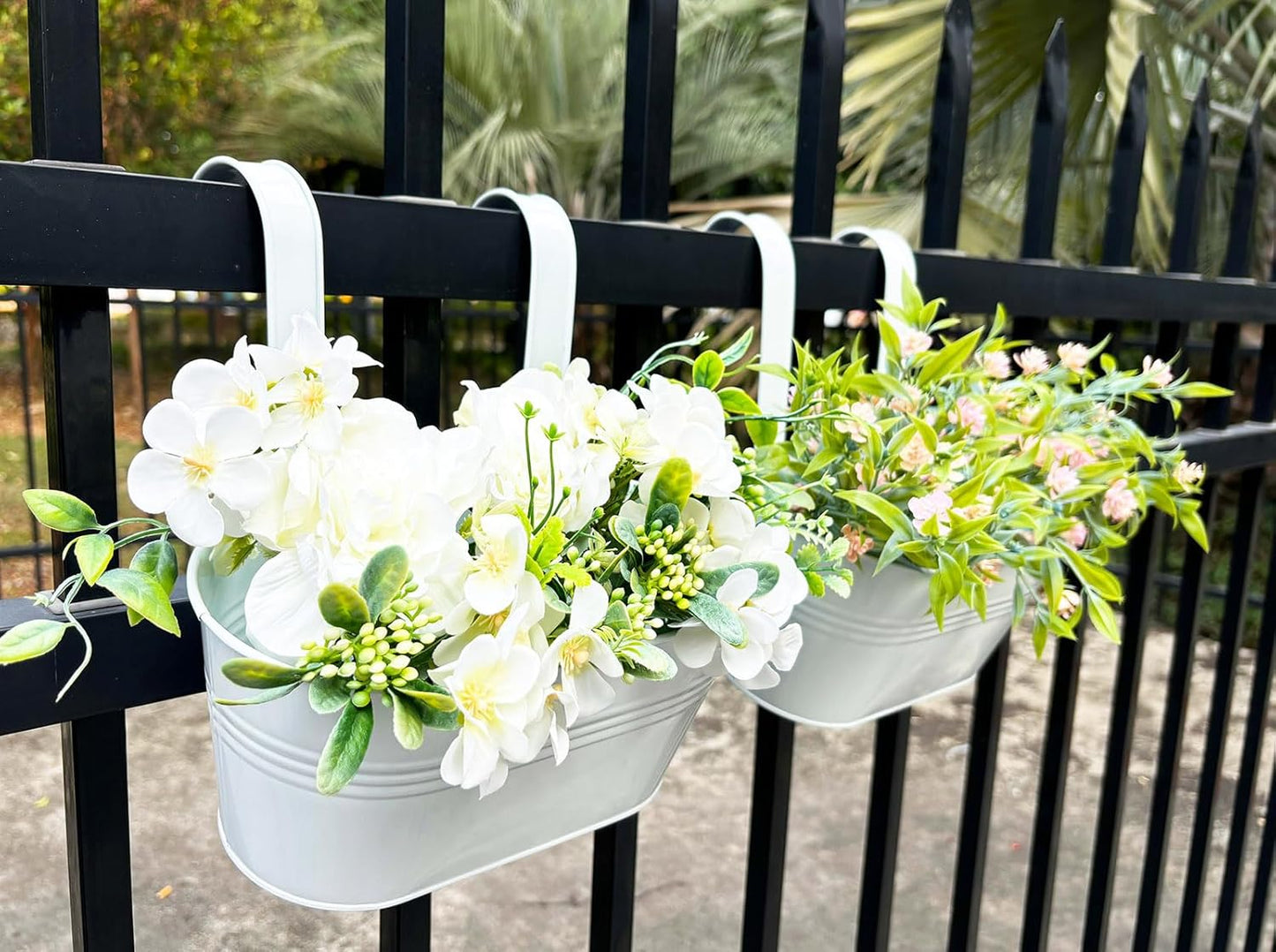 10" Hanging Flower Pots, Pack of 2 White Metal Outdoor Patio Balcony Planter, Railing Planters Fence Pot with Detachable Hook & Drainage Hole for Small Plants (White, 2Pcs)