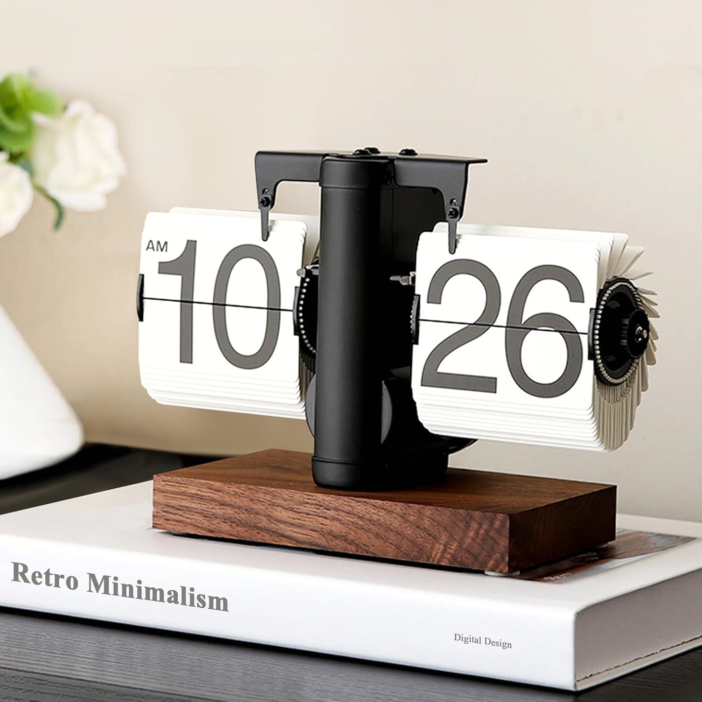Flip Desk Clock, Retro Vintage Flip Desk Table Clock, Digital Sided Large Numbers Mechanical Flip Clock Wood Base for Living Room, Study Room and Office（Black）