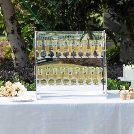 Tableclothsfactory Silver Mirror Finish 2-Tier Wine Glass Stemware Rack, 18 Champagne Flute Holder Foam Board Stand - 25"