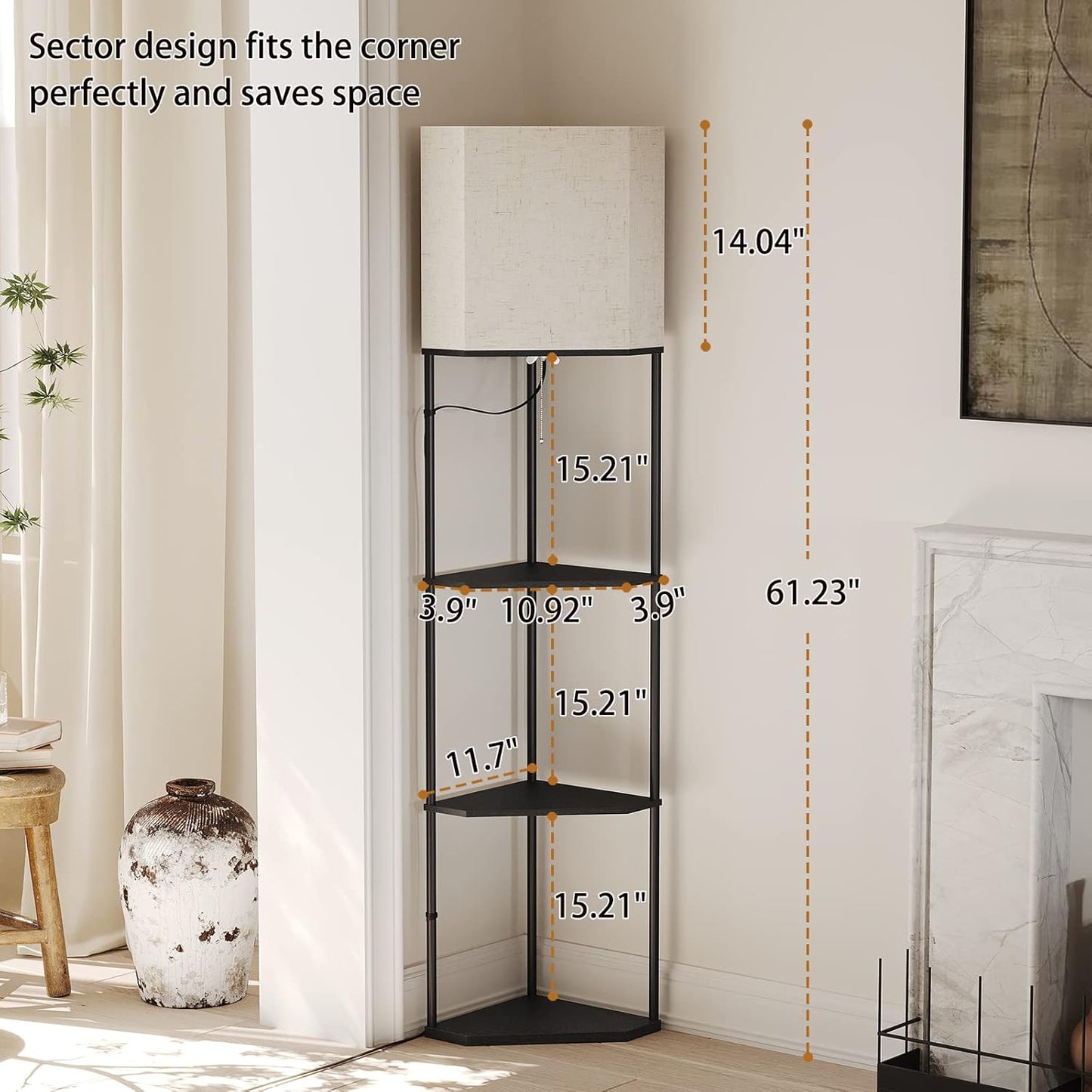 SUNMORY Sector Corner Shelf Lamp 3 Color Temperatures LED Bulb,Corner Lamps with Linen Lampshade, Floor Lamps for Living Room, Bedroom, Study, Black Standing Lamp with Shelves