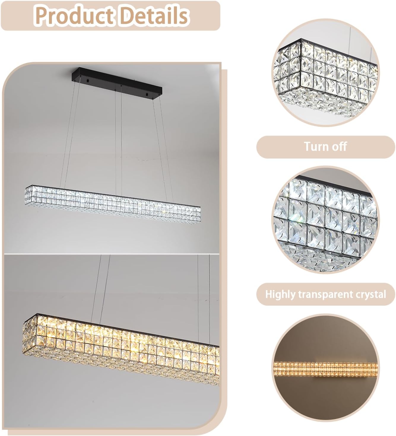 Rectangle Crystal Chandelier Modern Crystal Chandelier Black Rectangular Pendant Lighting Fixture for Dining Room Kitchen Island Bedroom (L 40")