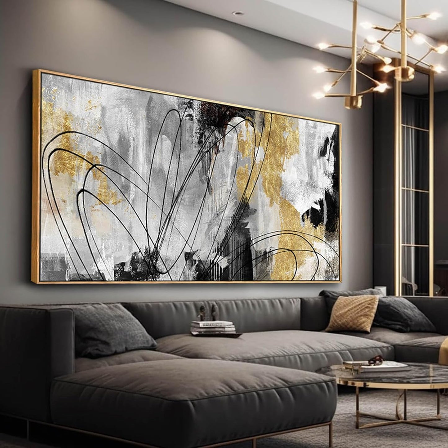Large Canvas Wall Art Gold Abstract Paintings 29x58 Inch Wooden Framed Artwork Black Line Painting for Bedroom Bathroom Home Decor