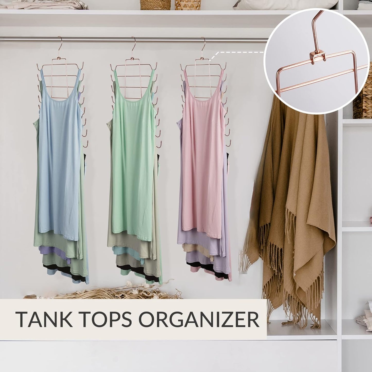 ZEDODIER Tank Top Hanger, 4 Pack Space Saving Bra Hangers, Non-Slip Hanging Sport Bras Holder, Closet Organizers and Storage for Camisoles Tank Tops Bras Ties Swimsuits Strappy Dress, Rose Gold