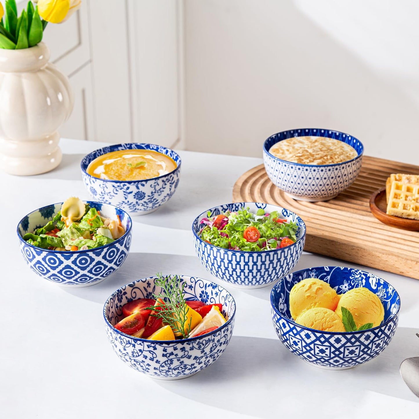 Ceramic Dessert Bowls Set - 11 Oz Small Ice Cream Bowl for kitchen - 4.7 Inch Porcelain Cereal Bowl for Fruits, Salad, Side Dishes, Ramen - Microwave Dishwasher Safe - Set of 6 - Vintage Blue