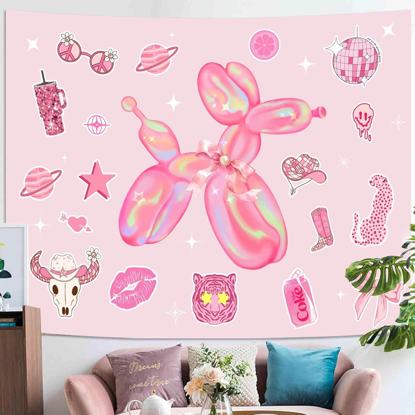 Lunerfex Y2K Tapestry Pink Dog Wall Tapestry, Cute Tapestries for Bedroom Funny Tapestries Wall Hanging for Bedroom Living Room Decor Pink-6 44"x60"