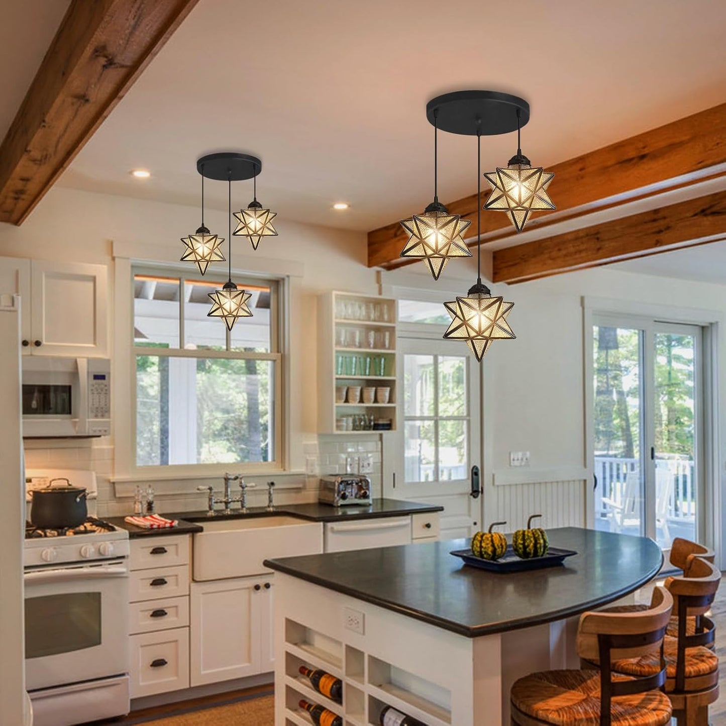 Farmhouse Glam Chandelier with Glass Star Pendants Light Fixture Elegant Ceiling Hanging Lights Included Warm Light Bulbs Black
