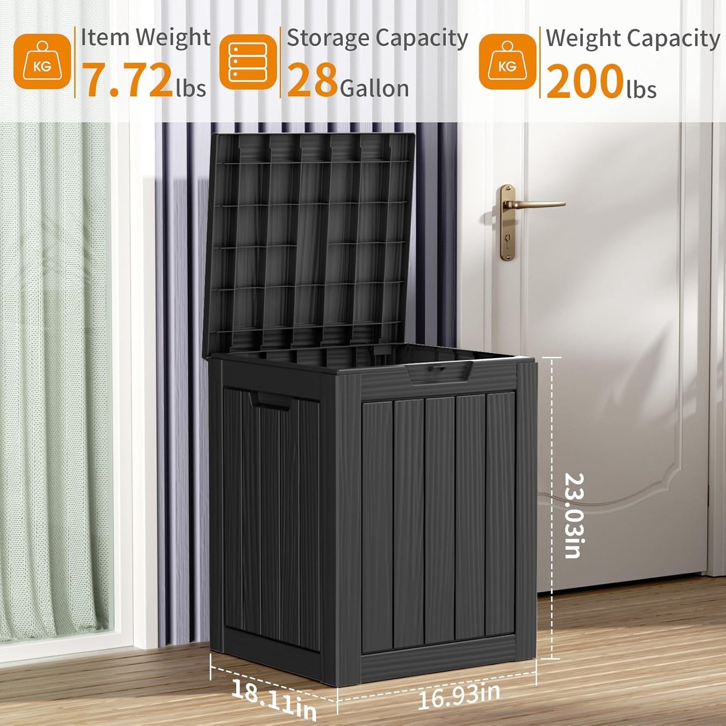 28 Gallon Resin Deck Box, Lockable Outdoor Storage Box for Patio Cushions Storage Furniture,Garden Tools, Pool Supplies, Weatherproof and UV Resistant（Black）