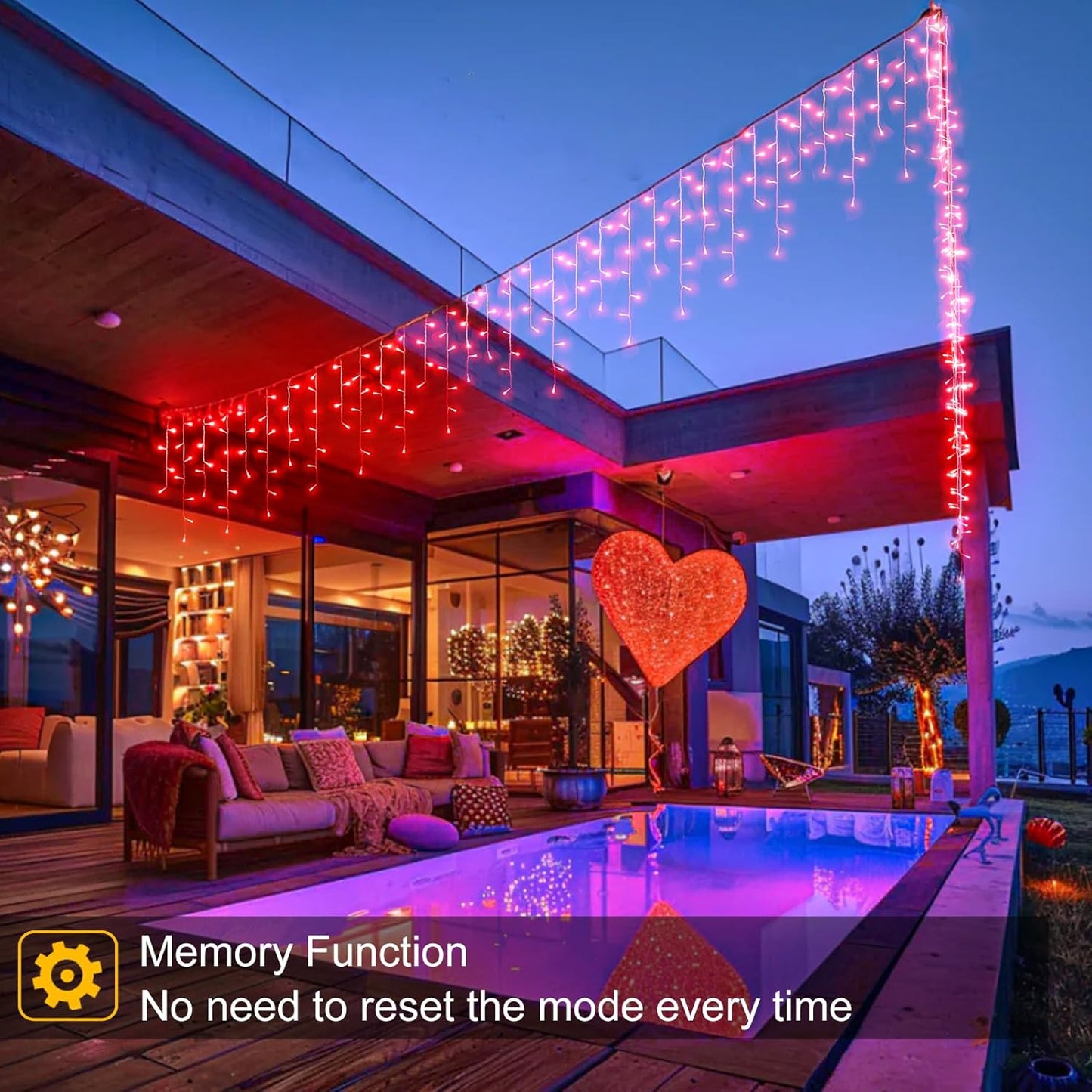 66ft Red Icicle Lights Indoor for Bedroom, 640 LED String Lights for Outside Clear Wire Connectable Twinkle Light with 8 Modes Timer Waterproof for Window Party Wedding Decorations