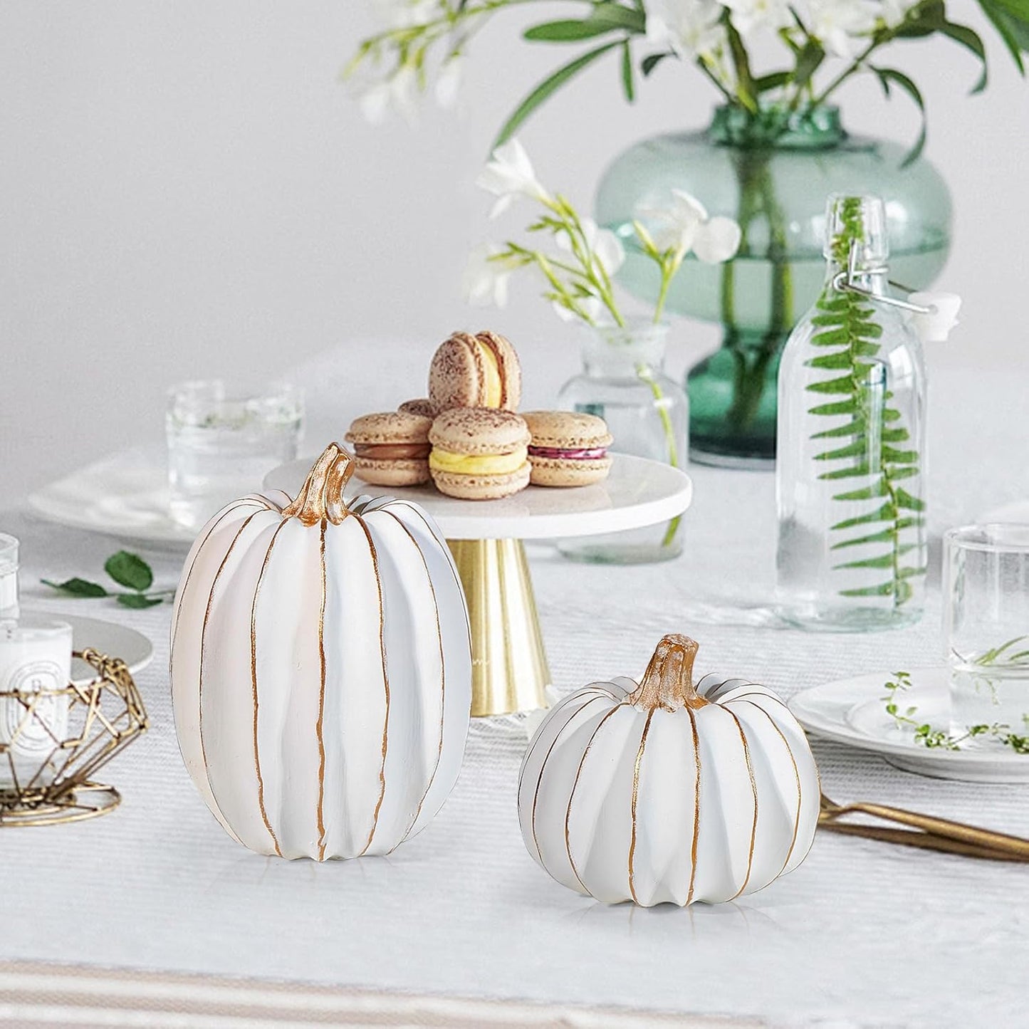 2Pcs Halloween Pumpkin Artificial Resin Pumpkins Decor for Mantel Harvest Autumn Tabletop Decoration Gold Fall Pumpkin Decorations Thanksgiving Table Centerpieces (Set C, ONE Size)