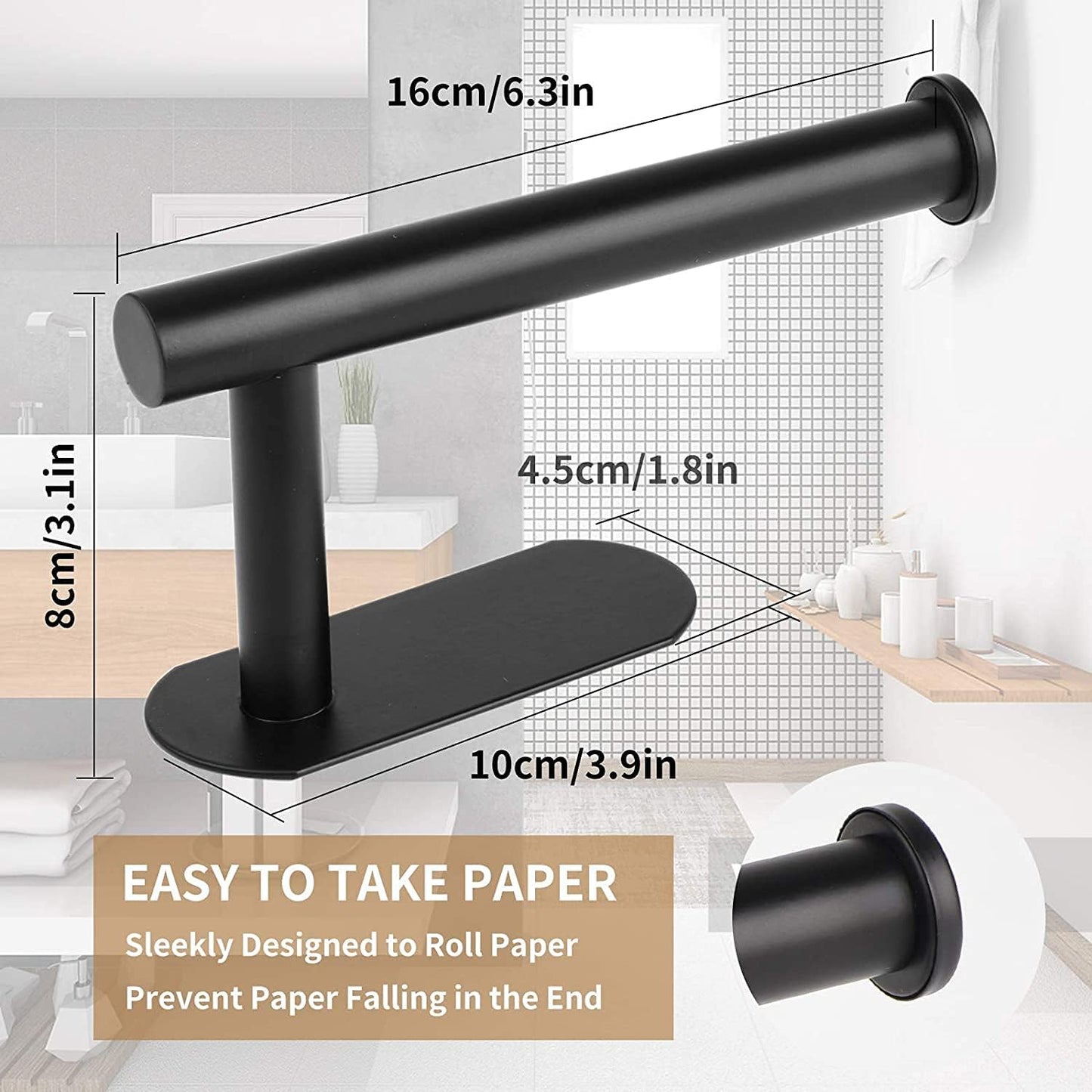 Toilet Paper Holder,Matt Black, Wall Mount,Upgraded Adhesive Toilet Paper Roll Holder,no Drilling,Bathroom/Rv/Washroom, SUS 304 Stainless Steel, Rustproof (Black, 2 Pieces)