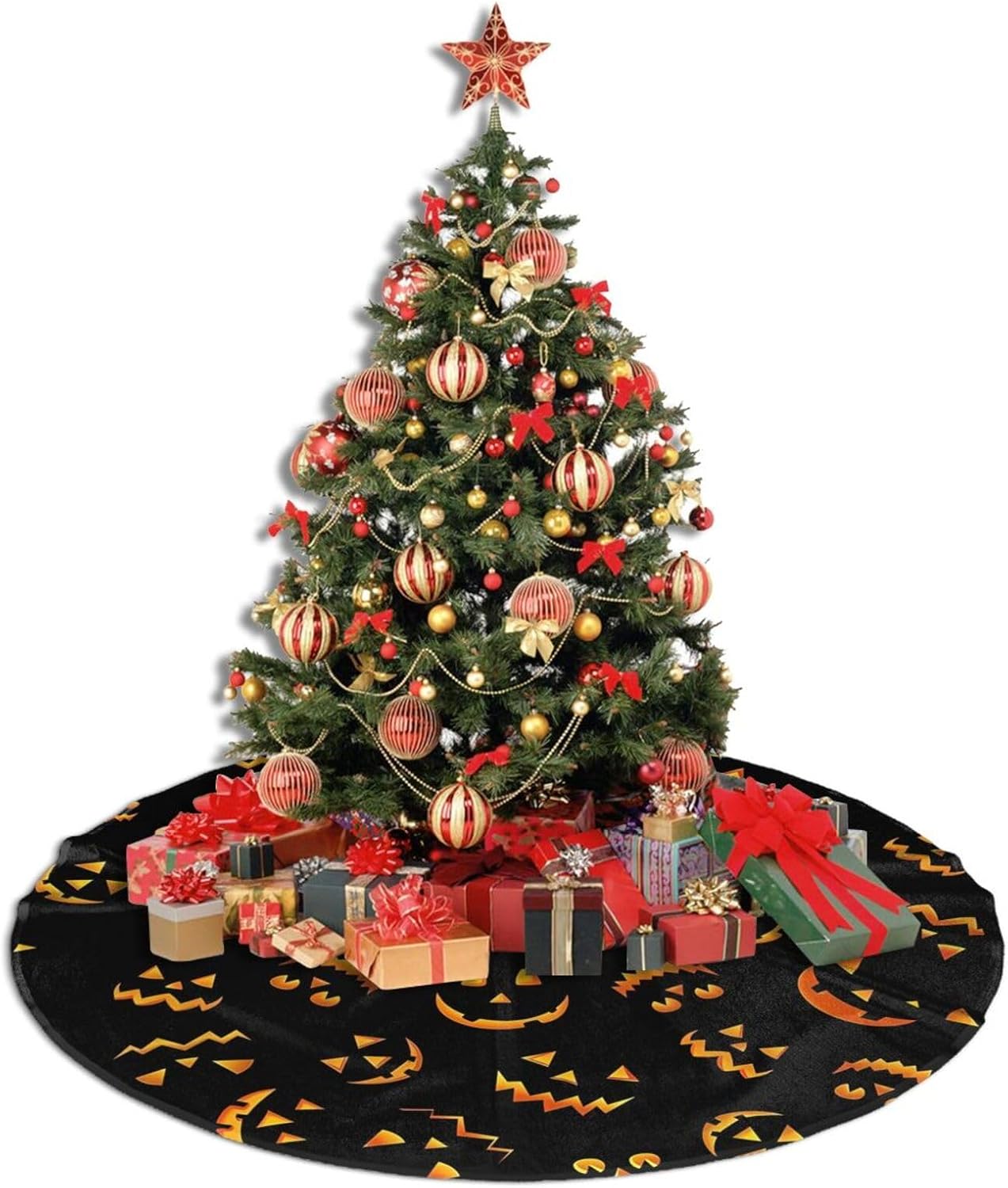 Christmas Tree Skirt,Jack O Lantern Pumpkin Smiles Xmas Tree Skirt Rustic Farmhouse Tree Skirt for Christmas Decor Xmas Holiday Home Party Decorations48