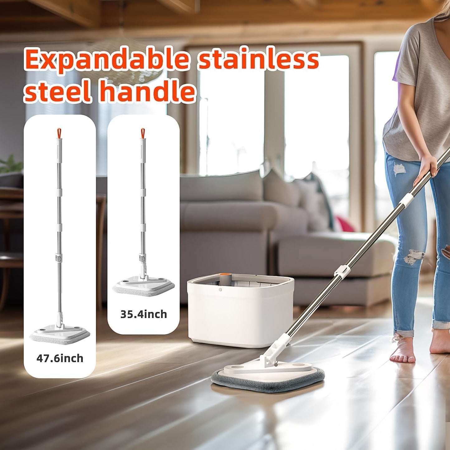 KZKR Spin Mop and Bucket Set with Self Separation Dirty and Clean Water System, Self Wringing 360° Rotating Square Mop Head for Home Floors Cleaning (1.0 Mop and Bucket Set (10 Pads))