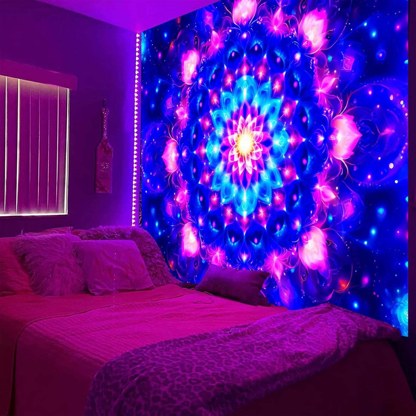 PSYHILAR Blacklight Mandala Tapestry for Bedroom, Psychedelic Black Light Posters for Adults and Teens, Colorful UV Reactive Aesthetic Bohemian Art Wall Hanging Decor (60 x 50 Inches)